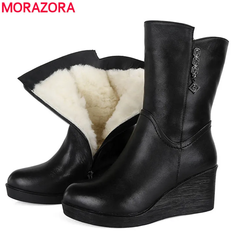 MORAZORA/ г., ботильоны из натуральной кожи женские теплые зимние ботинки из натуральной шерсти удобная модная женская обувь на танкетке