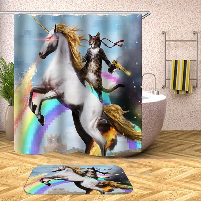 Adventures Of Unicorn And Cat Printed Shower Curtains Bath Products