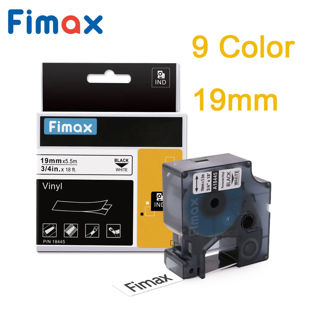 Fimax 1 шт. 18445 18433 18439 19 мм черный на белом Совместимость для DYMO Rhino IND виниловые этикетки 18442 18436 1805422 производитель этикеток DYMO