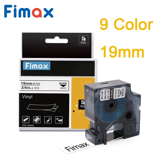 Cheap Fimax 1 Pcs 19mm 18445 Black on White Compatible DYMO Rhino IND Vinyl Label 18445 18442 18439 18436 18433  1805422 18433 18436