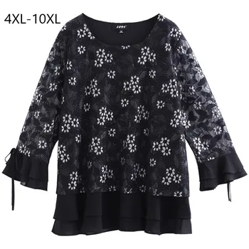 

Plus Size 10XL 8XL 6XL 4XL Women Autumn Top 3/4 Flare Sleeve Patchwork Lace Tops For Women T Shirts Femenina