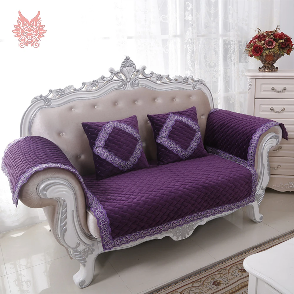 Purple red plaid embroidery sofa cover floral lace decor winter velvet