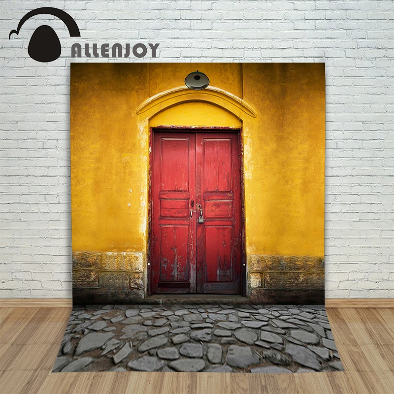 Allenjoy Backgrounds for photo studio photography backdrop Retro red gate door wall flagstones road street view alley photophone |