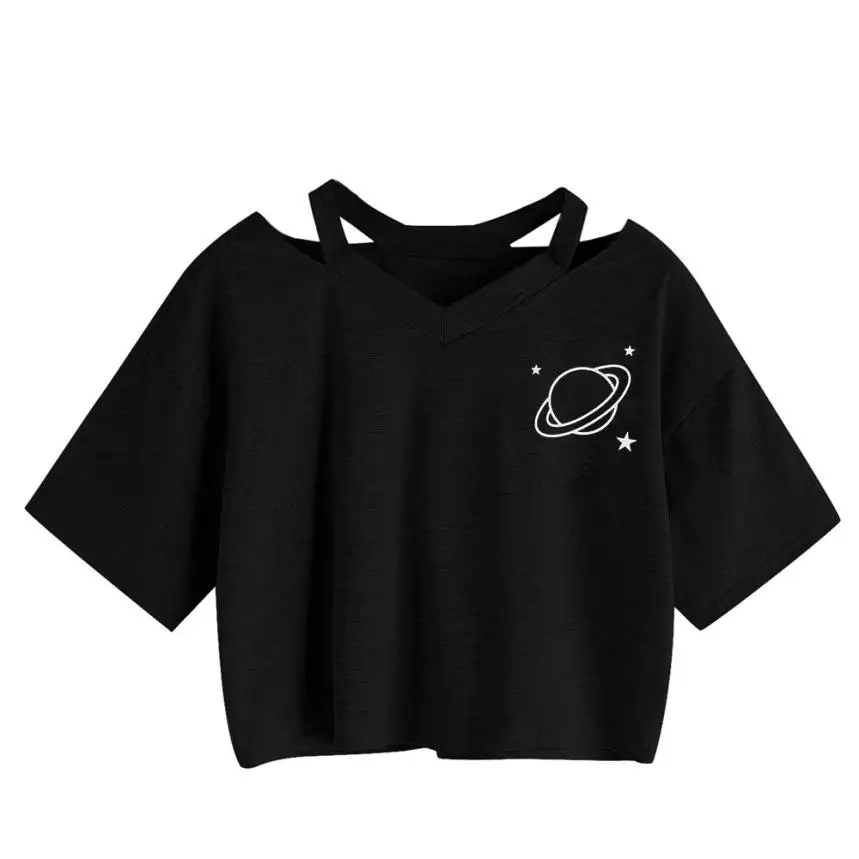 KANCOOLD, топы, высокое качество, повседневные, с принтом планеты, топ с коротким рукавом, короткая футболка, летние топы для женщин ap26 - Цвет: Черный