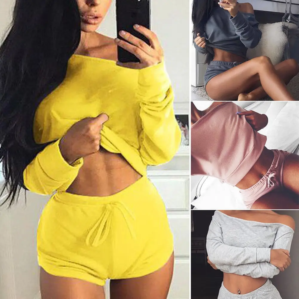 

2019 New Style Hot Fashion Women Two-Piece Set Solid Tracksuit Summer Casual Crop Top Shorts Clothes New