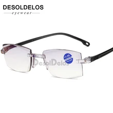 Анти синий свет очки для чтения женщин без оправы очки при дальнозоркости красная рамка пресбиопические очки+ 1,0 1,5 2,0 2,5 3,0 3,5 4,0