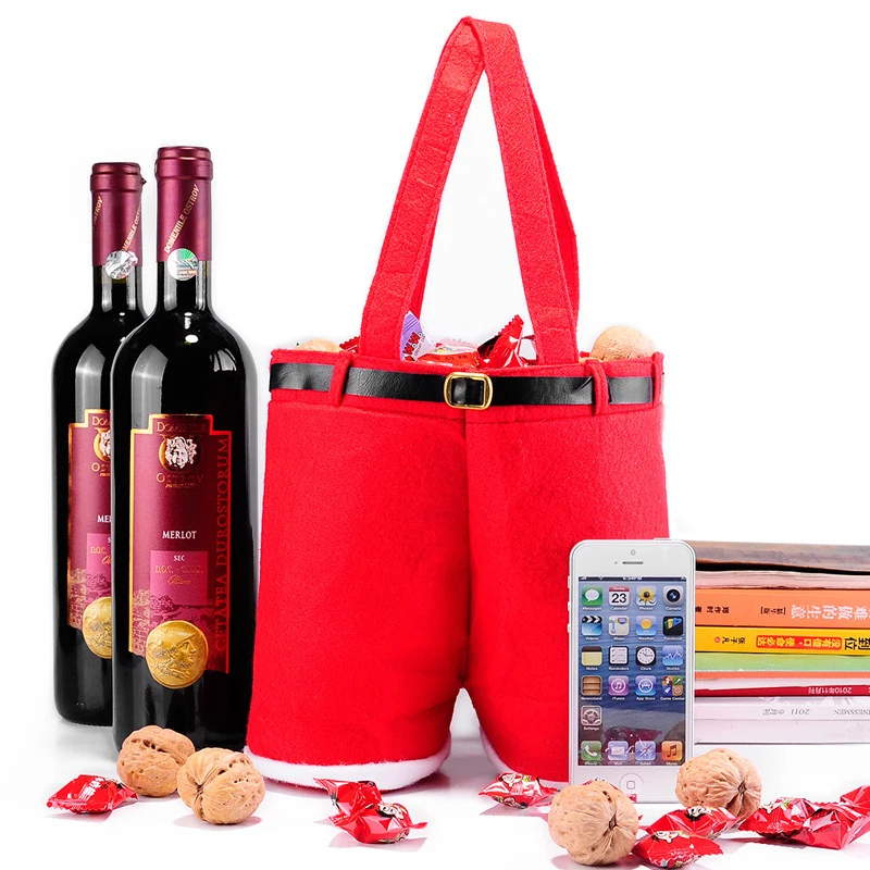 

Free Shipping Merry Christmas Gift Treat Candy Wine Bottle Bag Santa Claus Suspender Pants Trousers Decor Gift Bags
