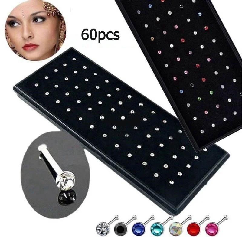 

MD Amazing 60pcs/set Crystal Rhinestone Nose Ring Stainless Steel Body Body Jewelry Nose Studs Piercing