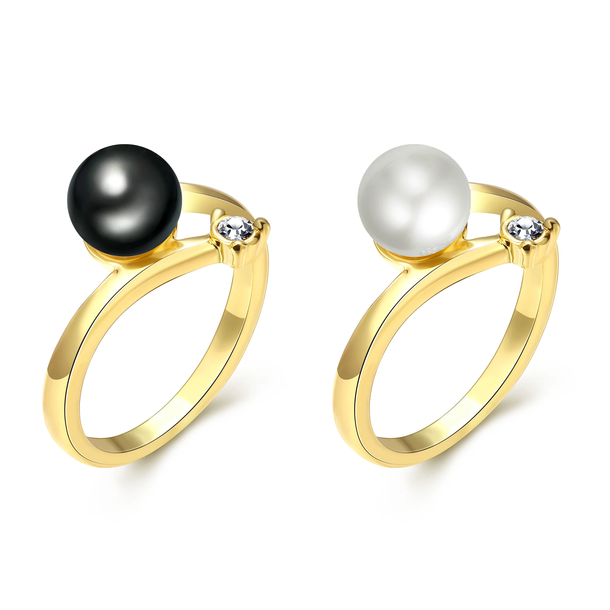 Fashion Black White Imitated Pearl Ball Rings Gold Color Cube Zircon
