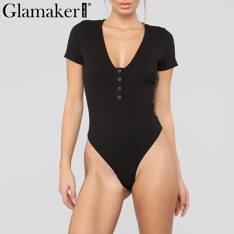 Glamaker Short sleeve sexy bodysuit top women spring bodycon short playsuit Female v neck black summer female bodysuit one-piece
