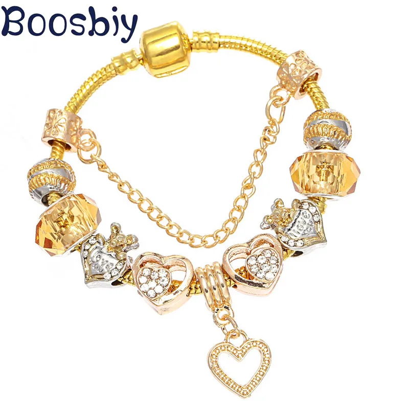

Boosbiy High Quality Charm Bracelets & Bangles With Heart Beads Gold Color Pandora Bracelets for Women Jewellery Pulseira Femme