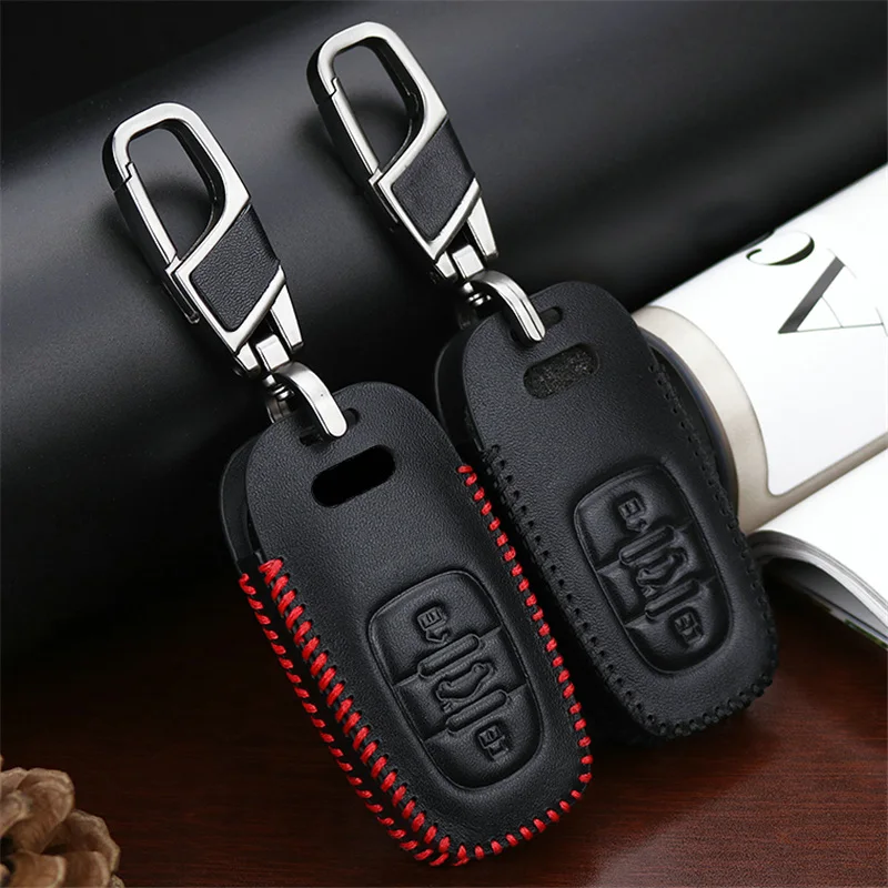 

Car Smart Key Case Cover For Audi A3 A4 B5 B6 B7 B8 A6 C5 C6 Q5 Q7 A4L A8L R8 Key Genuine Leather Key Shell Ring Holder