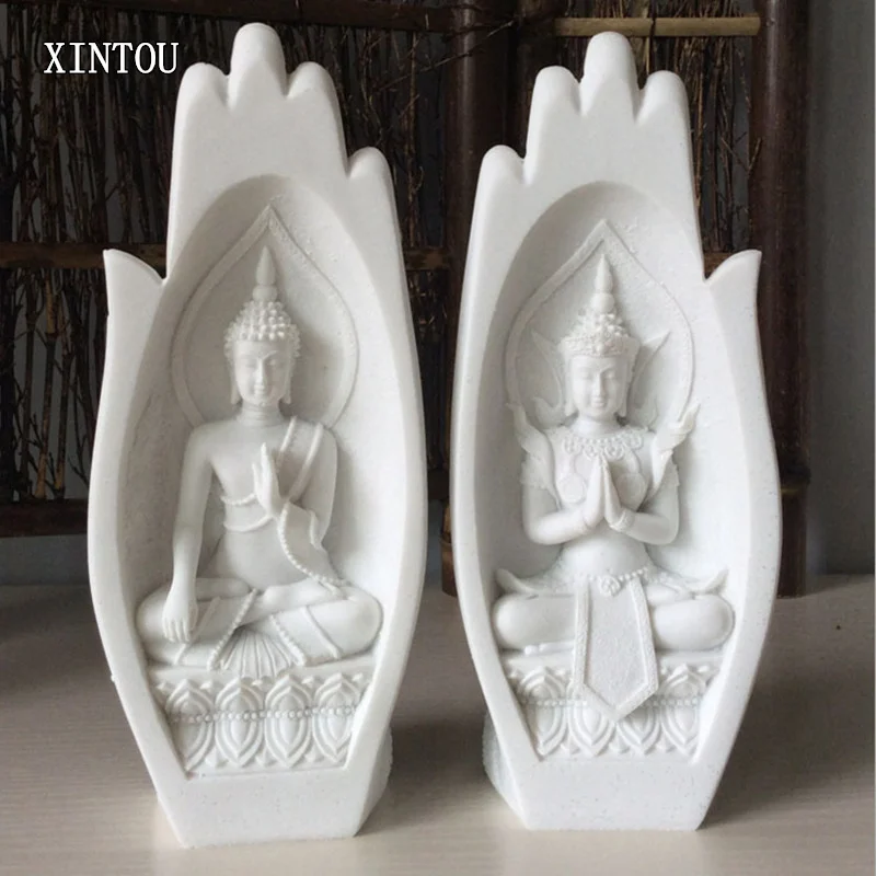 Kopen XINTOU Boeddhabeeld Monnik Beeldjes 2 Stks Boeddha Decor Tathagata Yoga Mandala Handen sculptuur Woondecoratie Accessoires 2 kleur