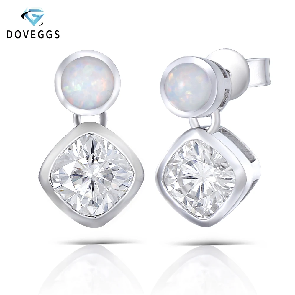 

DovEggs Platinum Plated Silver Sterling 925 6MM Cushion Cut H Color Moissanite and White Opal Stud Earrings for Women Wedding