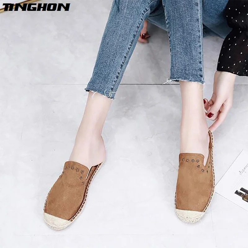 

TINGHON Fashion Ethnic Casual Star Rivets Espadrilles Flat New Women Spring Slip on Fishermen Hemp Rope Shoe