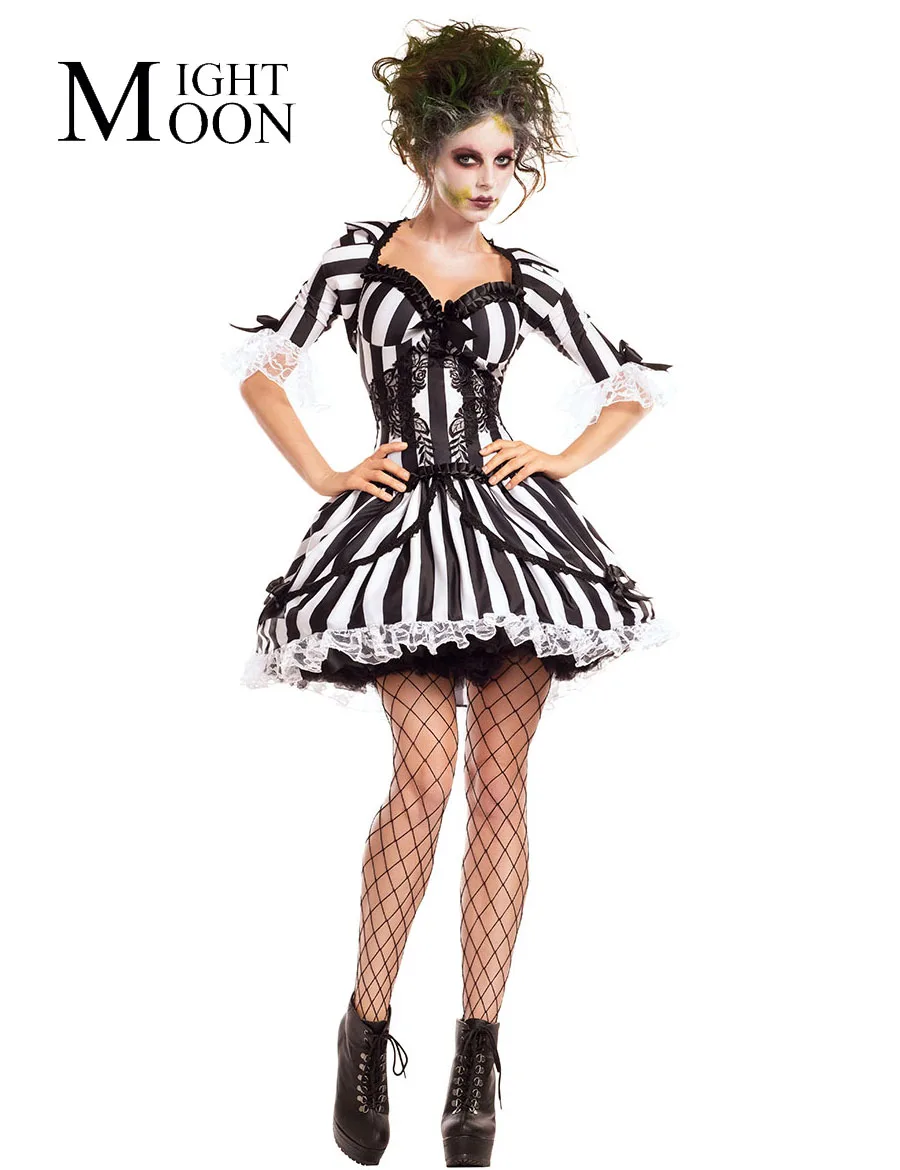 

MOONIGHT 2019 New Stripe Ghost Bride Costume for Women's Halloween Zombie Fancy Dress Party Cosplay Outfit Costumes