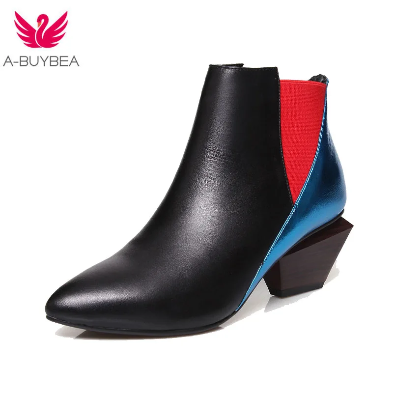 

Mix Color Strange Heel Ankle Boots Women Pointed Toe Slip On Fashion Short Boots Black Real Leather Knight Boots Shoes Woman