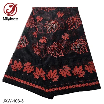 

Milylace Nigerian lace fabric 5 yards new design maple embroidery mesh lace fabric with shiny stones for women clothes JXW-103