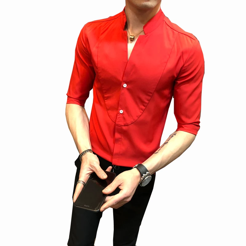 Stand Collar Shirt Men 2018 V Shape Stylish Shirt For Men Half Sleeve