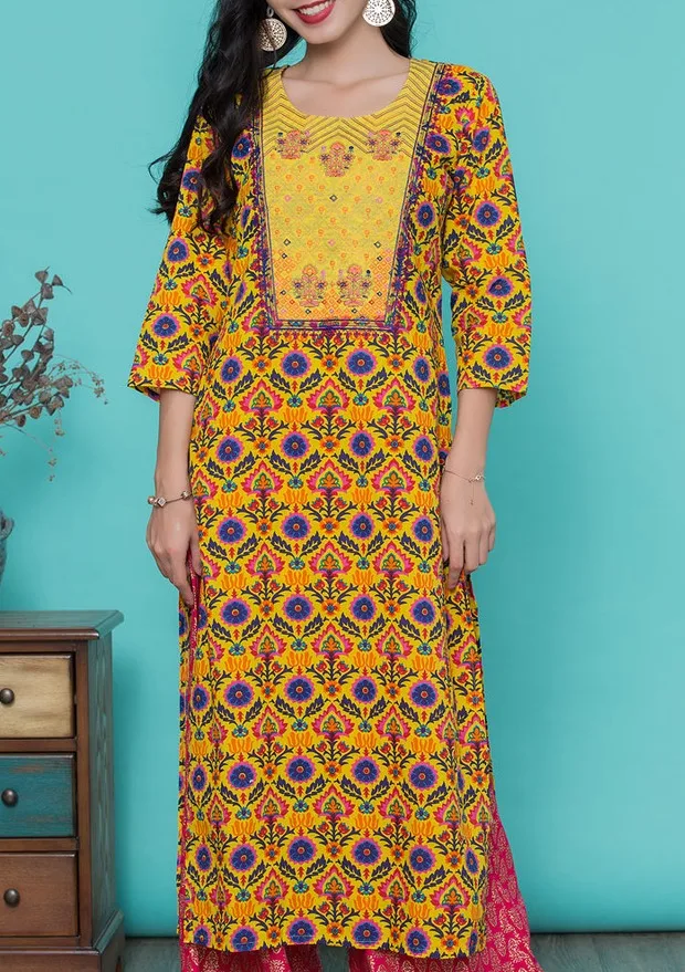 Женский Модный этнический комплект с принтом, хлопковое индийское платье, костюм, женский желтый топ и брюки