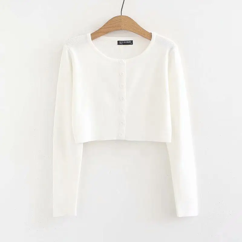 Women's Cute Full Sleeves O-Neck Button up Short Cardigan-White Front