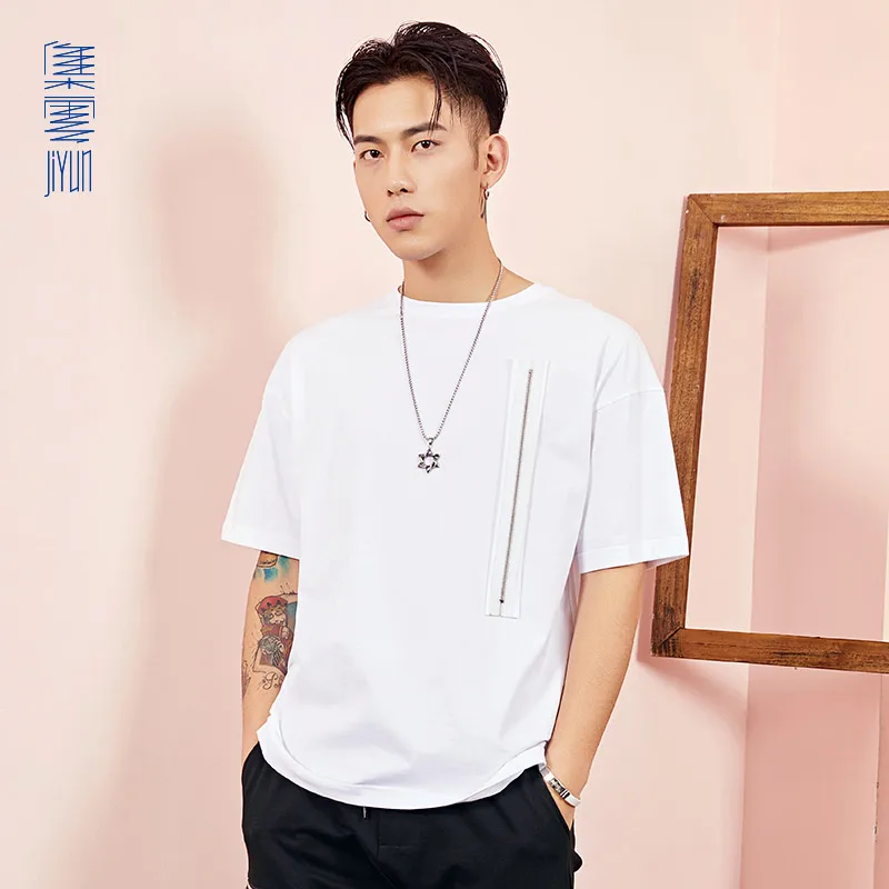Men's Short Sleeve Cotton T-shirt 2018 Summer New Loose Style Solid Color O-Neck Zipper Decoration Basic Tees 82DT169LN | Мужская