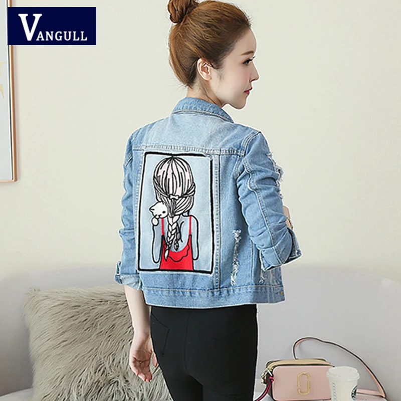 

Vangull Spring Casual Women's Clothing Cartoon Embroidery Short Denim Jackets Single Breasted Long Sleeve Slim Female outerwear