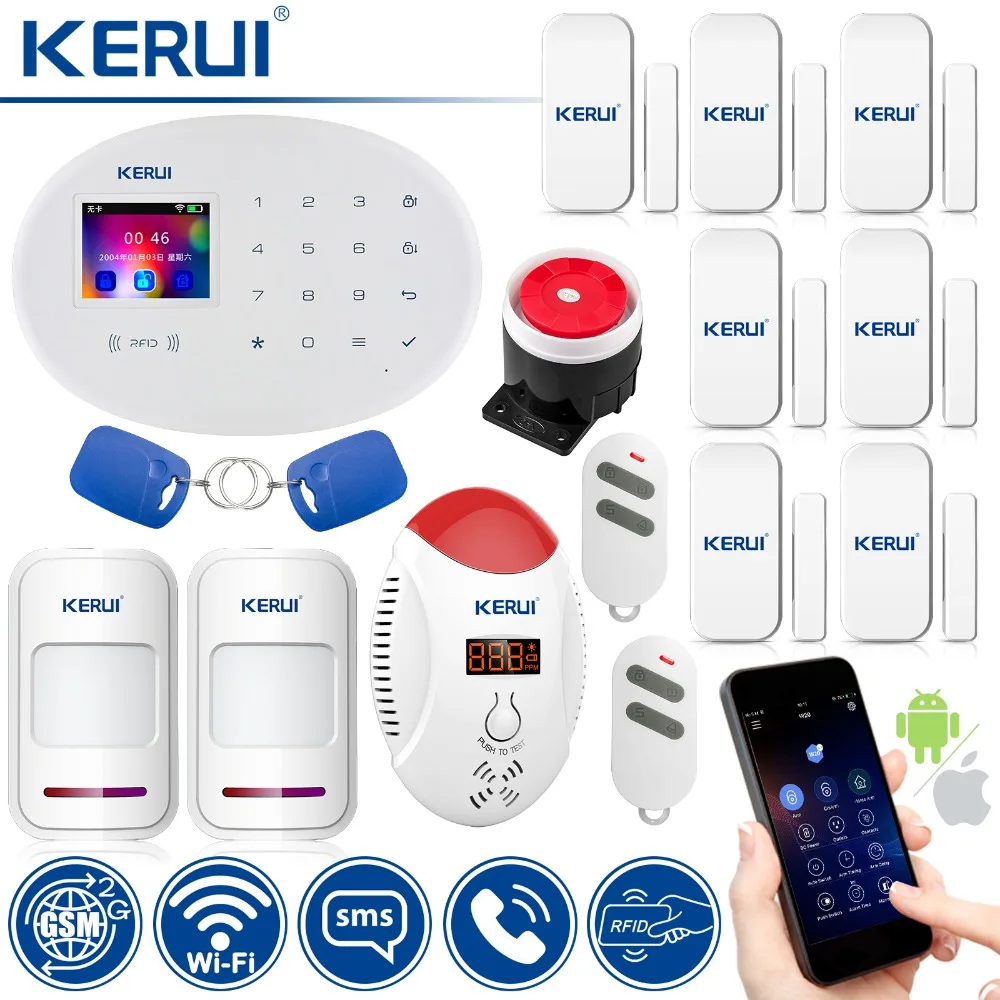 KERUI W20 умный дом сигнализация wifi GSM RFID карта охранная сигнализация с 2,4 дюймовой TFT сенсорной панелью детектор движения сигнализация