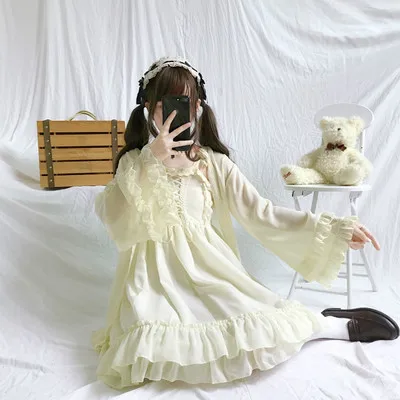 

Hot Sale Mori Girl Loose Ruffles Loose Sun-protective Shirts Japanese Lolita Solid Color Chiffon Cardigan Coat Female