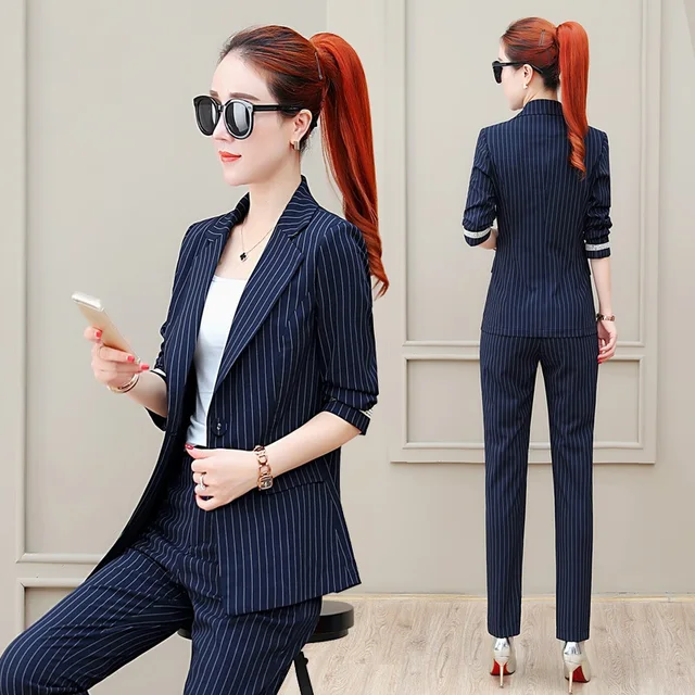 Korean pant suits for women 2018 Spring autumn stripe small suit sets ...