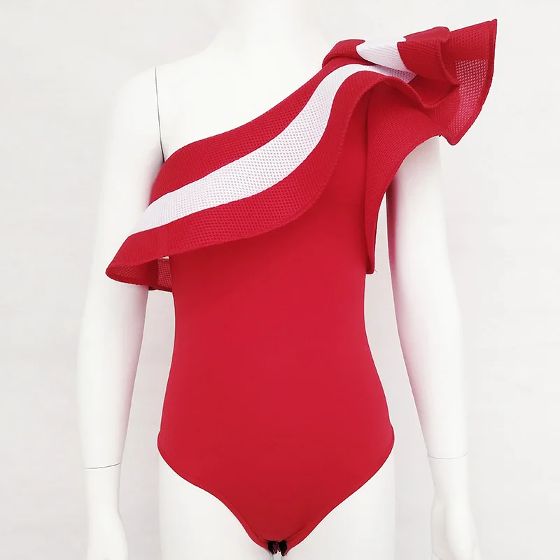 Сексуальный женский гимнастический костюм комбинезон трико в полоску боди Женский комбинезон для женщин Элегантный комбинезон с рюшами Боди Feminino - Цвет: Красный