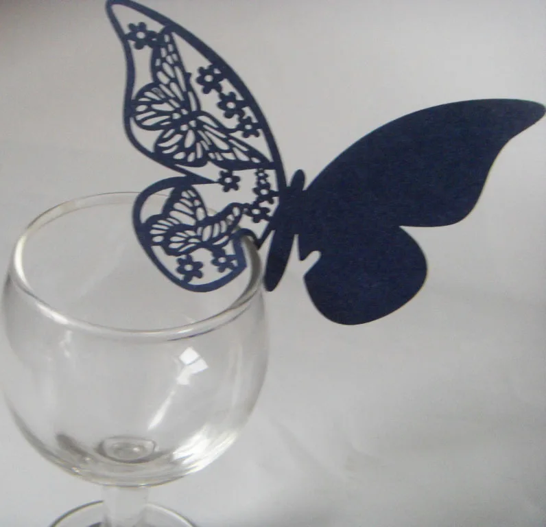 

Free Shipping 48pcs wedding favor Navy Blue butterfly place card cup card name card on wine glass party supply desk decoration