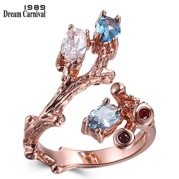 

DreamCarnival 1989 Vintage Rose Gold Color Ring Open Ends Design Flower Plant Look Blue and Clear Zircon Fashion Jewelry WA11546