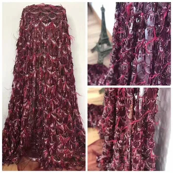 

Amazing sequins lace fabric wine red fabric high quality african tulle lace Sequins fabric for wedding dresses HJ606-1