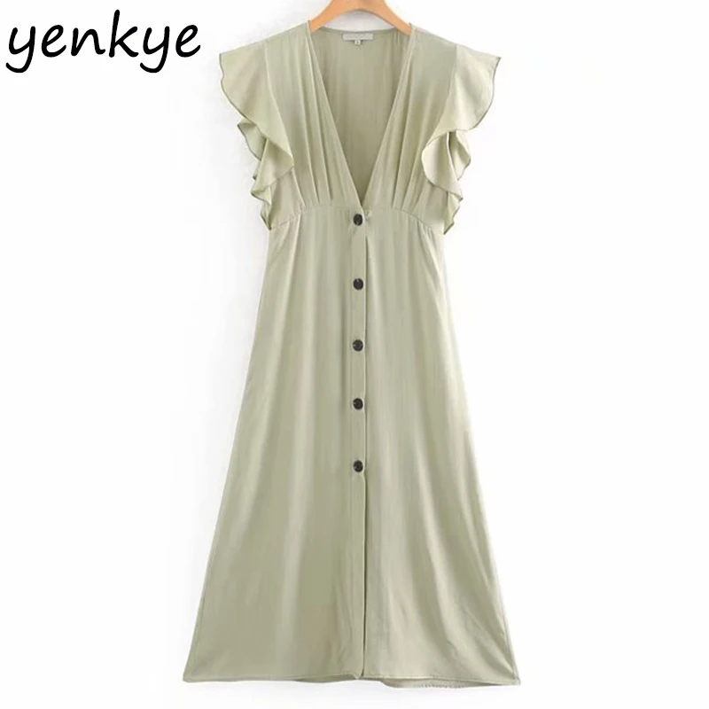 Summer Dresses Women Front Button Vintage Solid Color Rustic Dress