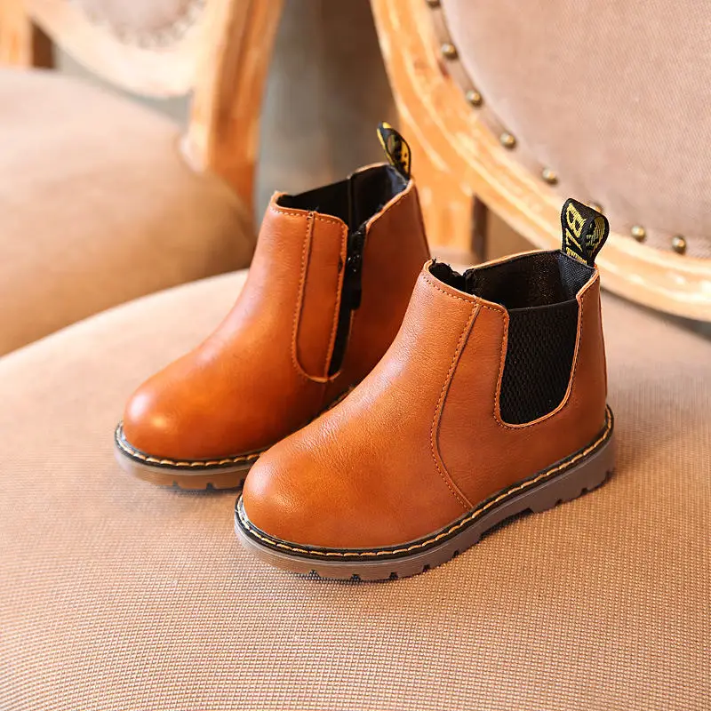 AFDSWG/весенне-осенние детские ботинки; черные кожаные ботинки на низком каблуке для девочек; серые кожаные детские ботинки; коричневые ботинки martin для детей - Цвет: Brown