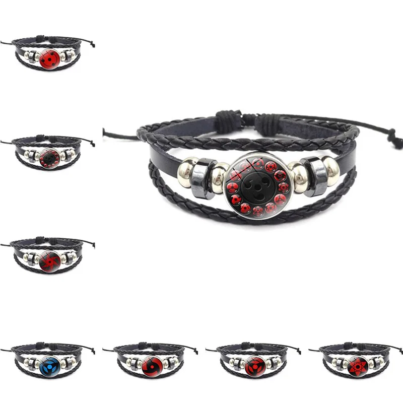 

Sharingan Eye Naruto Black Leather Bracelet Glass Cabochon Multi-layered Braided Leather Bracelets Anime Cosplay Lover Gifts