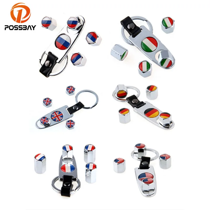 

POSSBAY Car Wheel Airtight Tyre Tire Stem Air Valve Caps with Keychain Wheel Cover German/Russian/UK/US/Italy Air Caps
