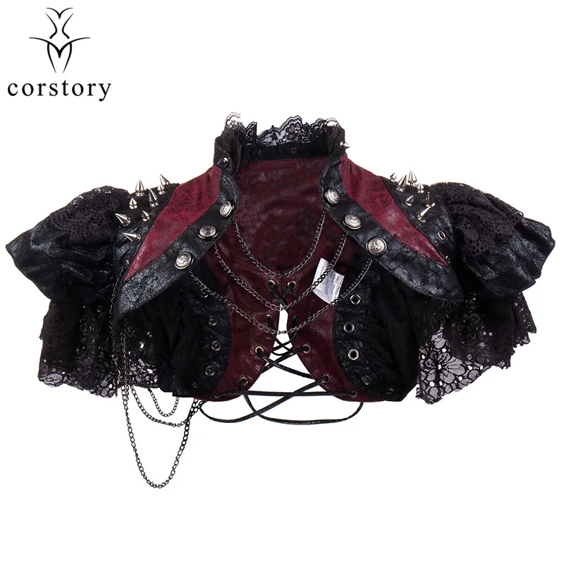 

Black Steampunk Corset Accessories Gothic Clothing Rivet & Lace Short Outwear Red Leather Jacket Women Large Size Sexy Costumes