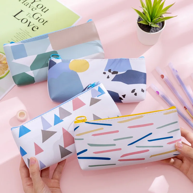 

Creative Simple Color Block PU Pencil Bag Receiving Pencil Bag Stationery Bag School Supplies Office Stationery