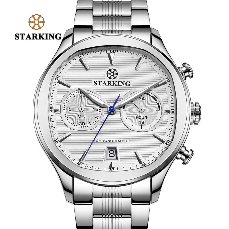 

STARKING Business Dress Fashion Men Watches Stainless Steel Square Quartz Japan Movt Multi-function Chronograph Wristwatches Men