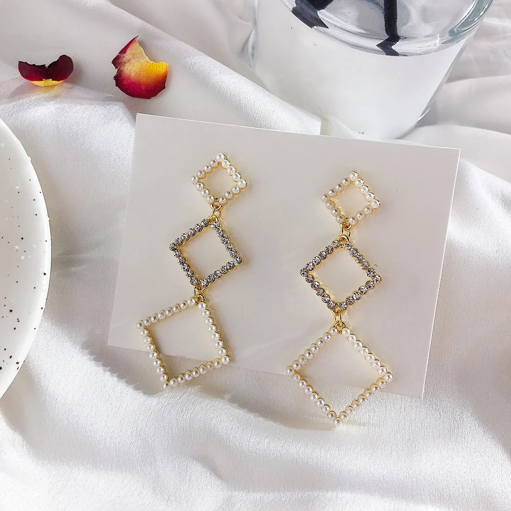 

Dominated Exaggerated geometry pearl hollow-out earrings Simple fashion square splicing crystal Women Drop earrings Jewelry