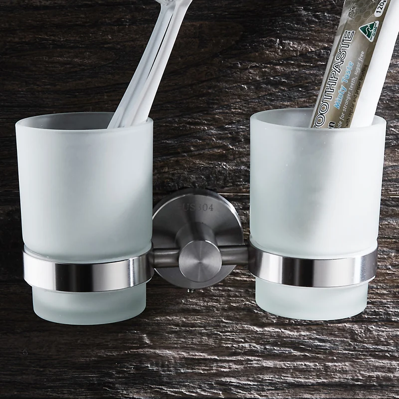 WEYUU 304 Stainless Steel Cup & Tumbler Holders Double Wire drawing Wall Mounted Toothbrush Cup Holder Bathroom Accessories