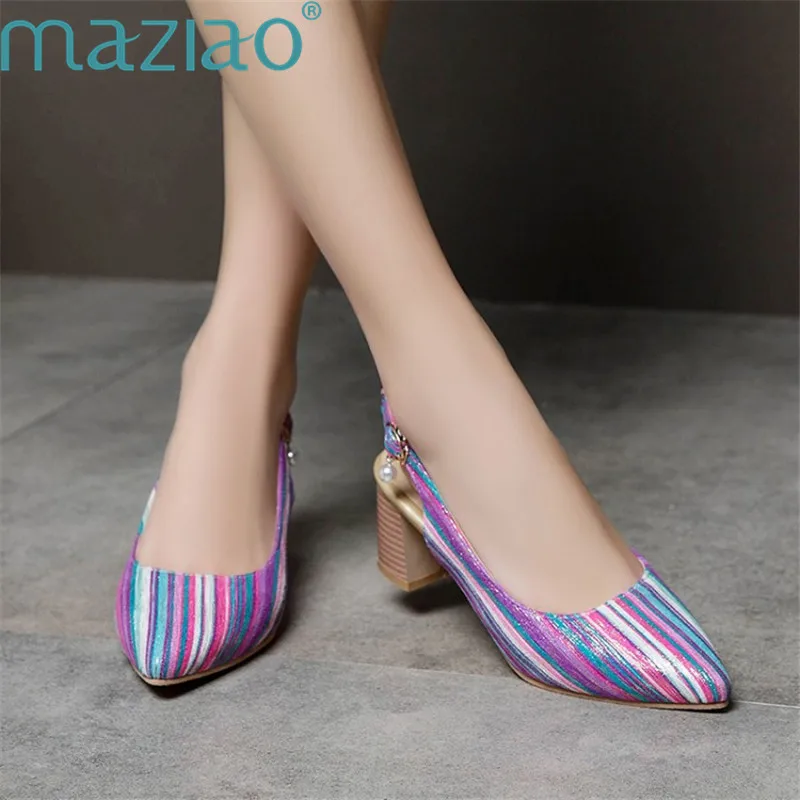 

Female Shoe Pointed Toe Stripe Pearl Buckle High Heel Fashion Party Elegant Shoes Woman High Heel MAZIAO