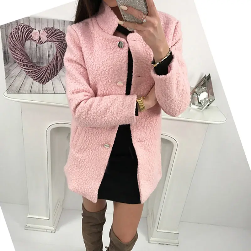 Women Winter Woolen Coat Autumn Casual Solid Color Long Sleeve Pocket Single-Breasted Suit Collar Pink Long Coat Abrigos Fashion (5)