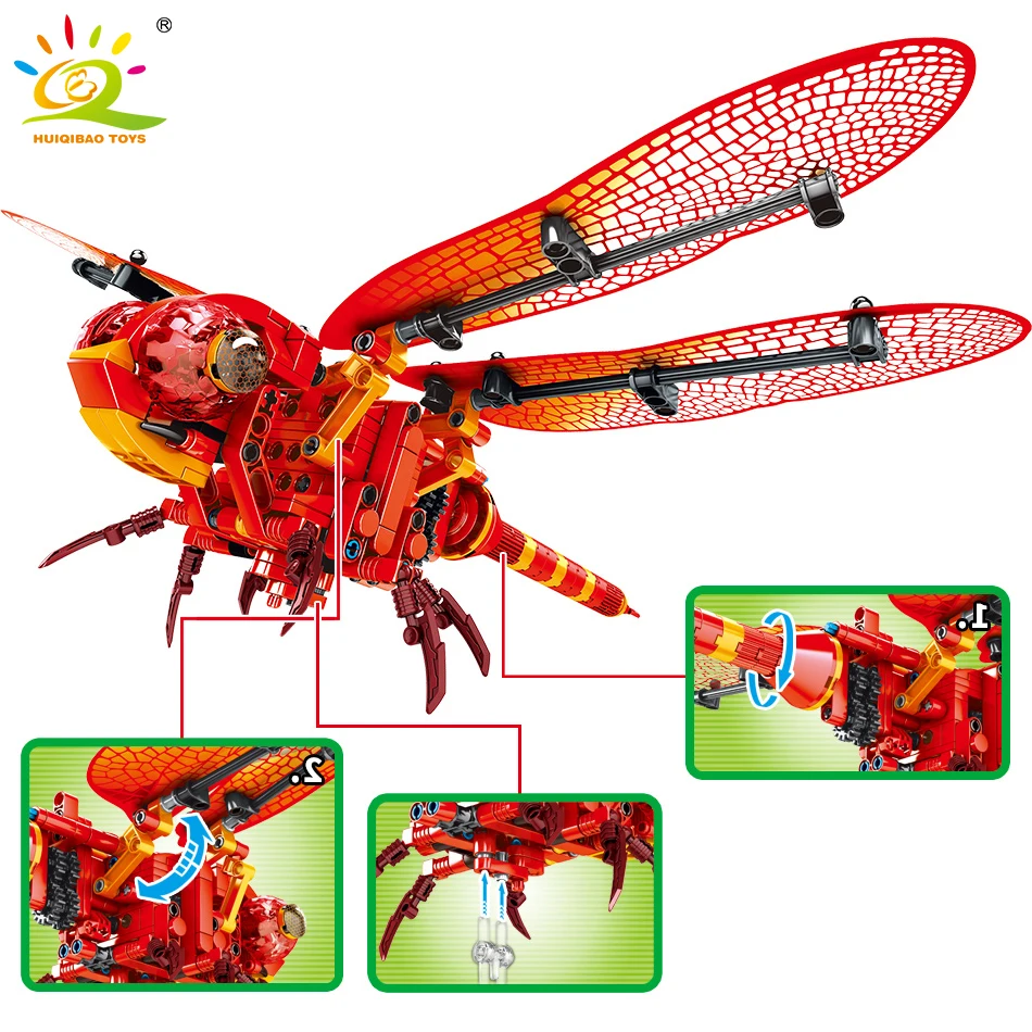 

HUIQIBAO 330Pcs Insect Model Technical Red Dragonfly Building Blocks City Animal Movable Bricks Creative Toys For Kids