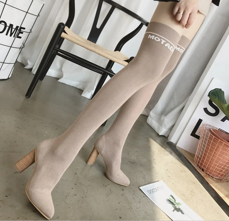 SWYIVY Sexy Over Knee High Boots Knitting Autumn 2018 New Female Mude Tight High Long Boots Pointed Toe Lady Boot Shoes Socks