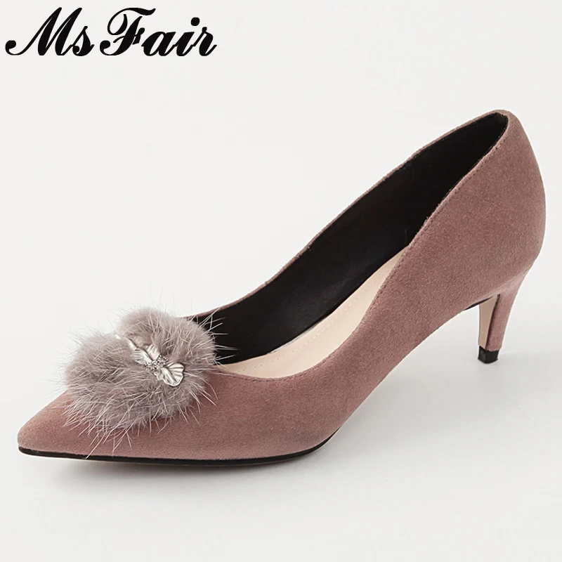

MsFair Pointed Toe Thin Heels Women Pumps Fur Crystal Med High Heel Pumps 2018 Spring Casual Fashion Shallow Women's Pumps