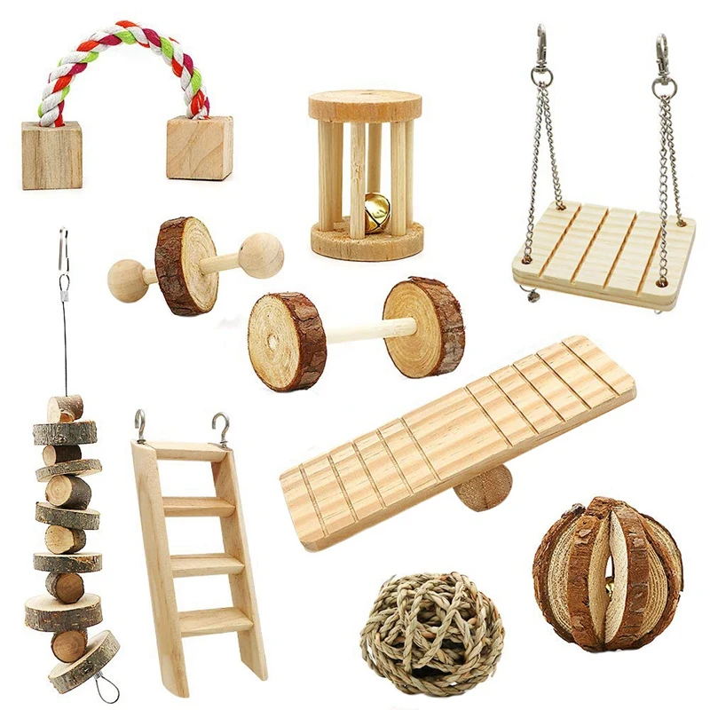 

Hamster Chew Toys, 10 Pack Natural Wooden Pine Guinea Pigs Rats Chinchillas Toys Accessories Dumbells Exercise Bell Roller Tee