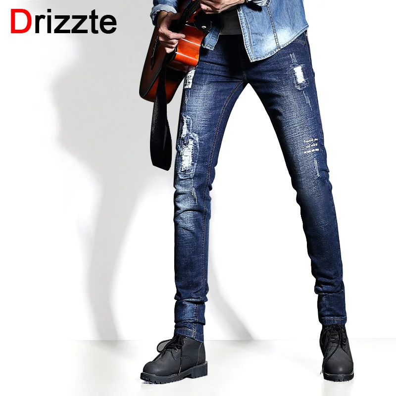 

Drizzte Brand Mens Trendy Stretch Letter Pattren Ripped Distressed Jean Black Grey Denim Slim Designer Jeans for Men Male